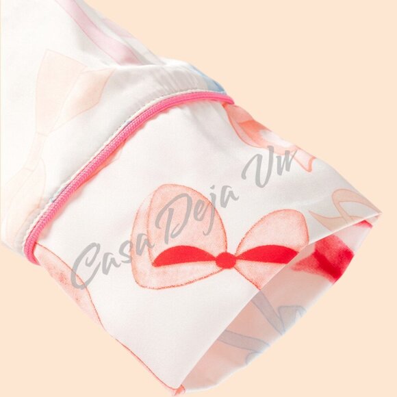 Soft Silky Oversized Pastel Bows Ribbona Wide Leg PJs 2 pc Set - Picture 6 of 10